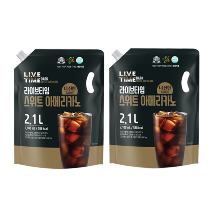 [태웅식품] 라이브타임 더진한 스위트 아메리카노 2100ml 대용량 액상 커피 파우치, 2.1L, 2개
