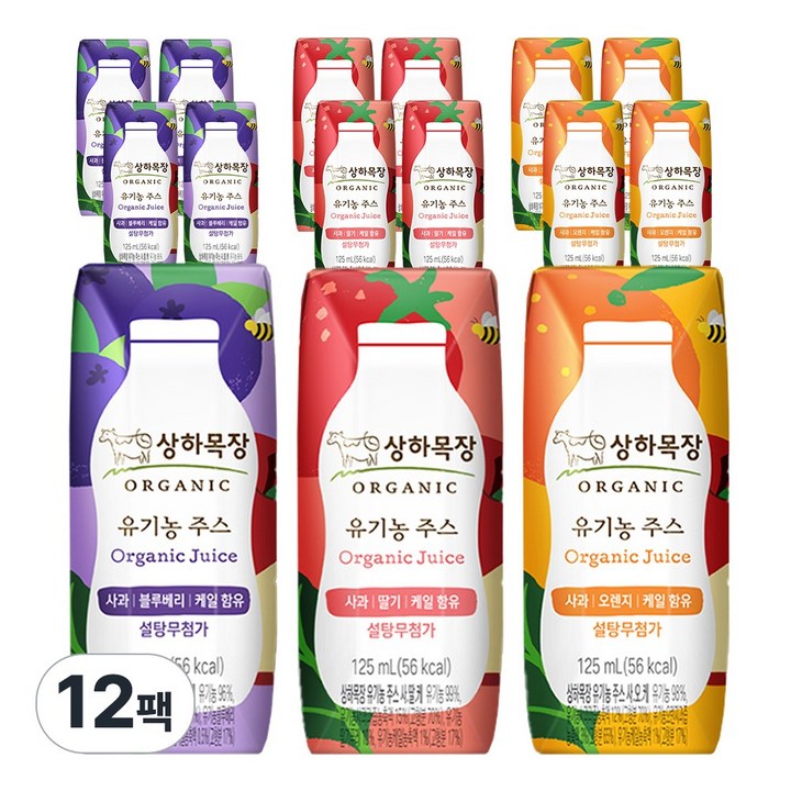 상하목장 유기농주스 사과오렌지케일4 + 사과블루베리케일4+ 사과딸기케일4(총12팩), 1세트, 딸기+오렌지+블루베리, 125ml