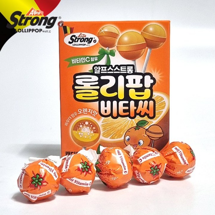 알프스 스트롱 롤리팝 비타씨 막대사탕-오렌지맛, 5개, 10g