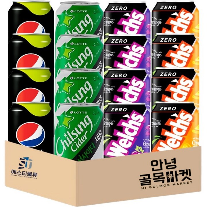 [안녕골목마켓] 제로 뚱캔 4종 펩시 슈거라임 4캔 칠성 제로 사이다 4캔 웰치스 제로 포도 4캔 제로 오렌지 4캔 총 16캔 *안전포장*, 1세트, 355ml
