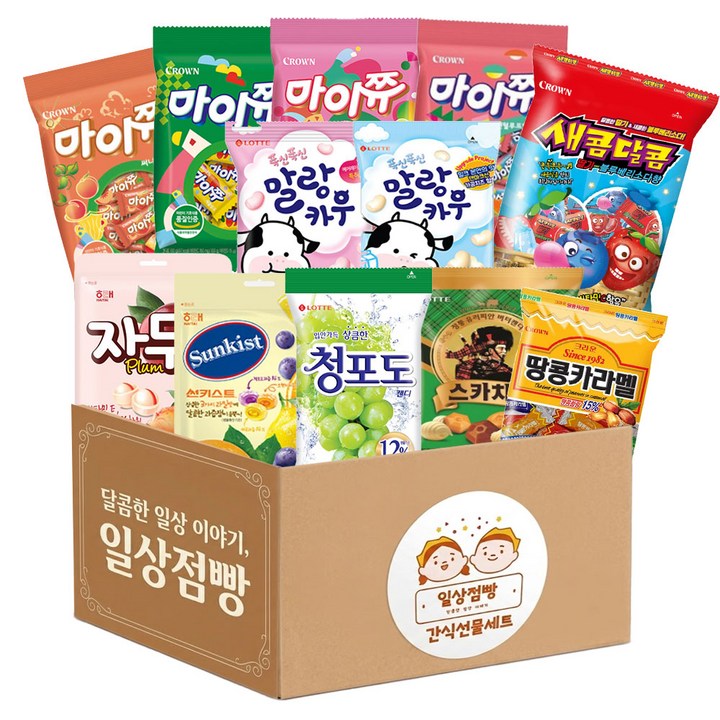 젤리 캔디 12종 간식세트 마이쮸 말랑카우 새콤달콤 땅콩카라멜 청포도 스카치 자두캔디 썬키스트, 1세트, 100g