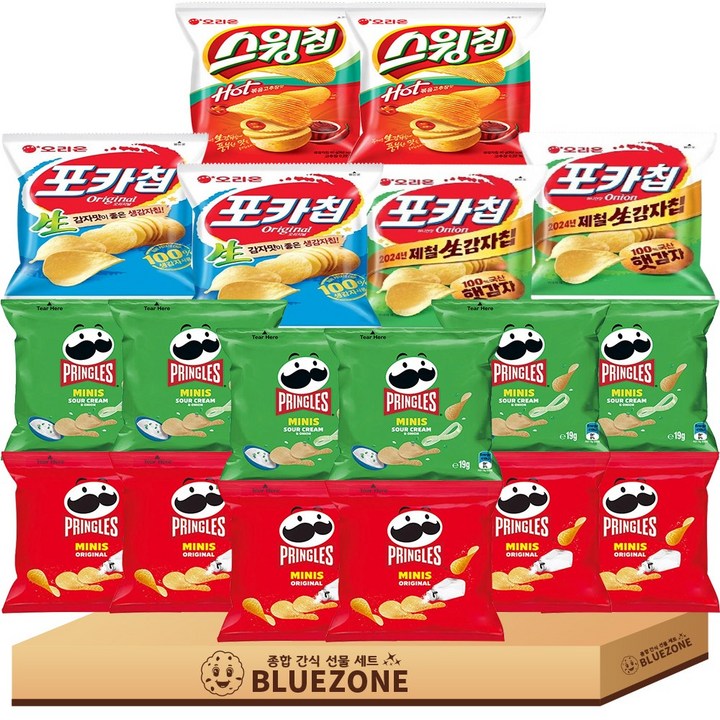 [블루존] 감자 과자 4종 18봉 세트 프링글스 오리지널6 어니언6 스윙칩2 포카칩2 어니언2 총 636g