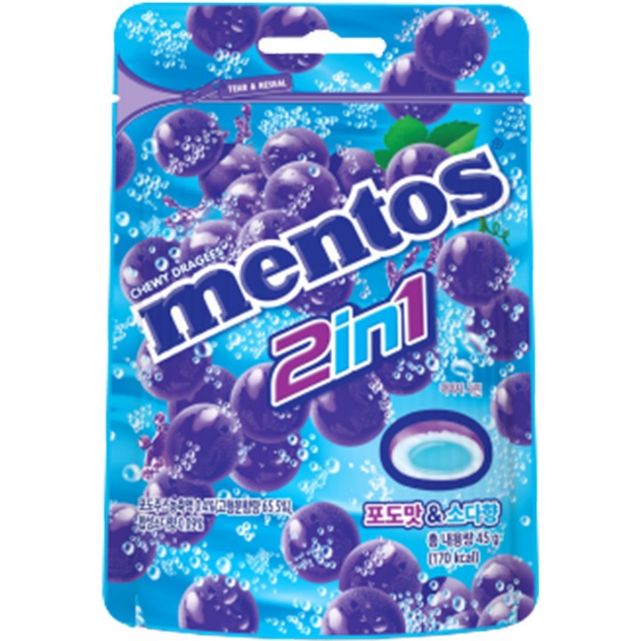 멘토스 2in1 그레이프소다향 캔디, 45g, 4개