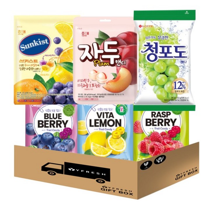 [YFRESH]과일맛캔디세트6종 모음(라즈베리캔디 레몬캔디 블루베리캔디 청포도캔디 썬키스트 자두캔디), 1세트