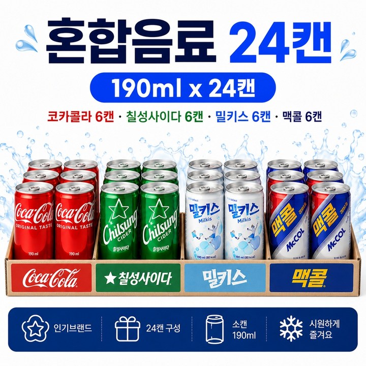 마켓천사 혼합 미니캔 세트 탄산음료 콜라 사이다 밀키스 맥콜, 1박스, 190ml