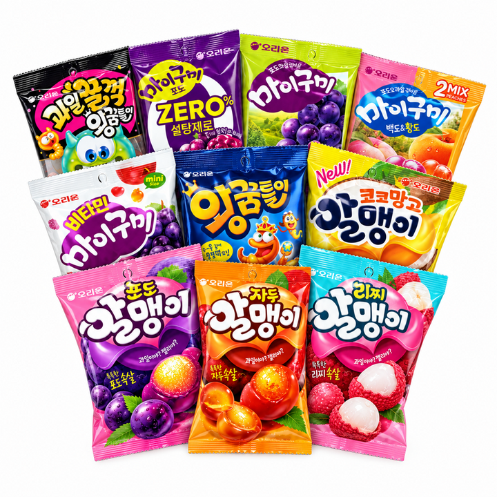 오리온 젤리 10종 세트 (마이구미 포도 황도백도 포도알맹이 자두알맹이 골든키위 왕꿈틀이 과일꿀꺽 등), 1개