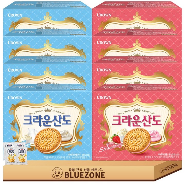 [블루존] 크라운 산도 곽과자 세트 크라운산도 딸기161g 4개 크림 161g 4개 버크 20g 4개, 1박스, 161g