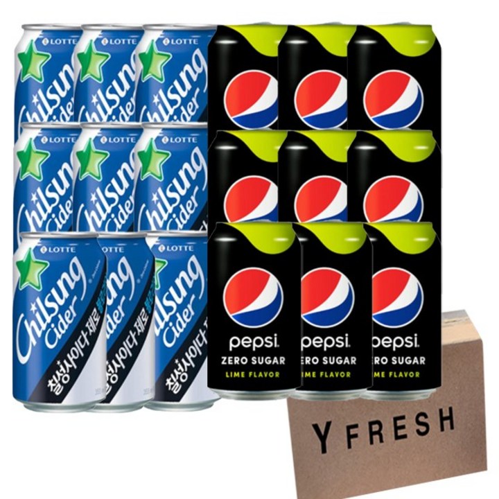 [YFRESH]칠성사이다 블루라임 355ml x 9 펩시콜라 제로슈가 라임향 355ml x 9 + yfresh박스, 18개