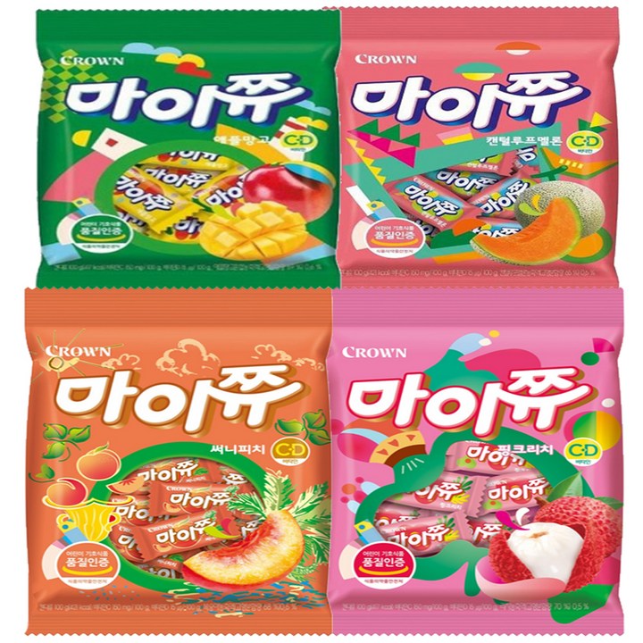 마이쮸 혼합 세트 ( 써니피치 + 캔털루프멜로 + 핑크리치 + 애플망고 ) 낱개 개별 포장 젤리 95개 세트, 2세트, 100g