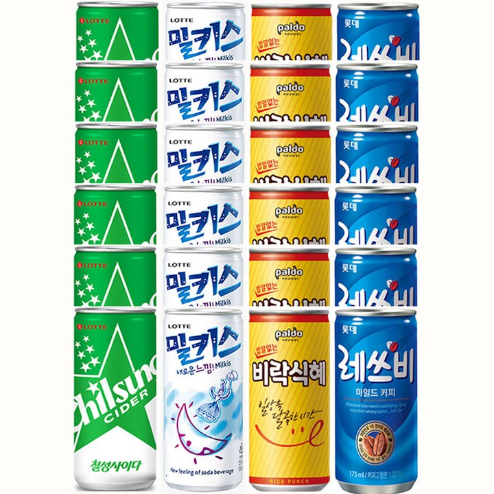 마셔몰 미니캔 혼합세트 4가지맛 각 6캔씩 총24캔 칠성사이다 밀키스 레쓰비마일드 비락식혜, 24개, 175ml