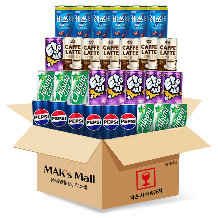 한모금 탄산 캔커피 칠성사이다 펩시콜라 탑씨 포도 다인 카페라떼 레쓰비 미니 캔음료 음료수, 30개, 190ml