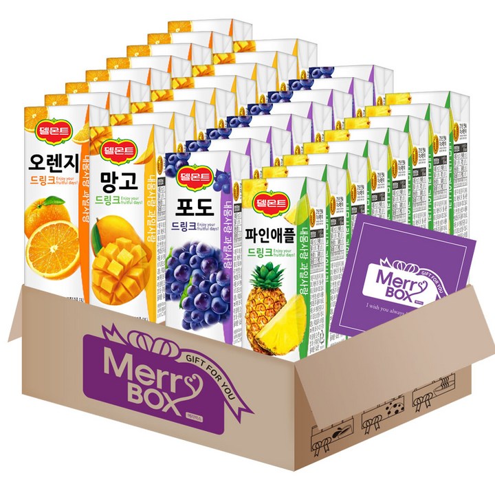 팩과즙음료세트 롯데칠성 델몬트드링크 4종 32팩 (사과x8+오렌지x8+망고x8+포도x8), 1세트, 190ml