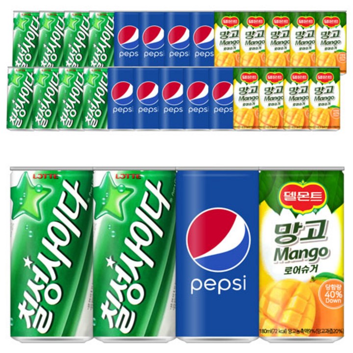 [메리박스] 롯데칠성 미니캔세트_사이다10개+펩시콜라10개+델몬트망고10개, 1세트, 180ml