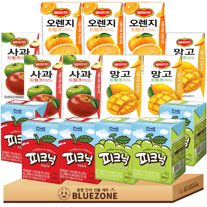 [블루존] 주스 팩음료 A세트 델몬트 오렌지3 망고3 사과3 피크닉 사과3 청포도3, 15개, 190ml