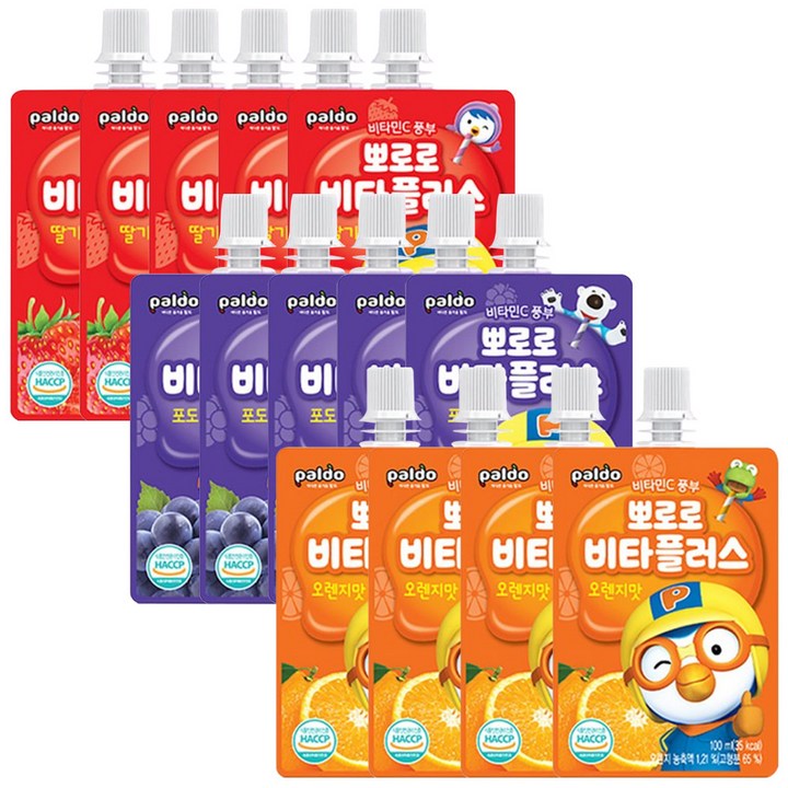 해호 뽀로로 비타플러스 100ml 딸기5개 + 포도 5개 + 오렌지 5개, 15개