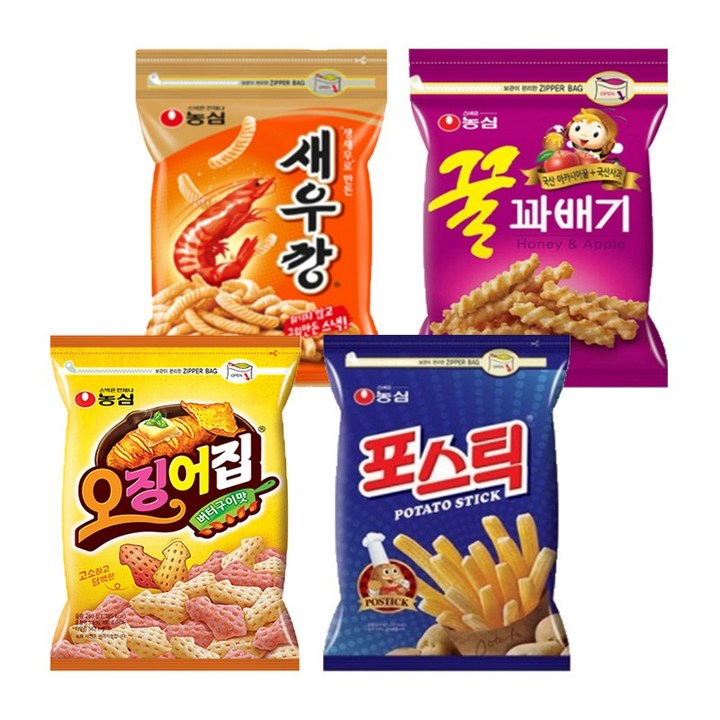 농심 새우깡400g + 꿀꽈배기285g + 포스틱270g + 오징어집260g 세트, 1세트