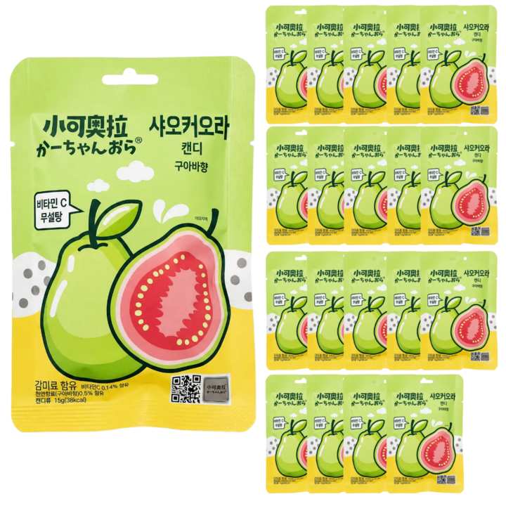 정품 샤오커오라 구아바향 캔디 사탕 간식 무설탕 알사탕 개별포장 비타민C, 20개, 15g