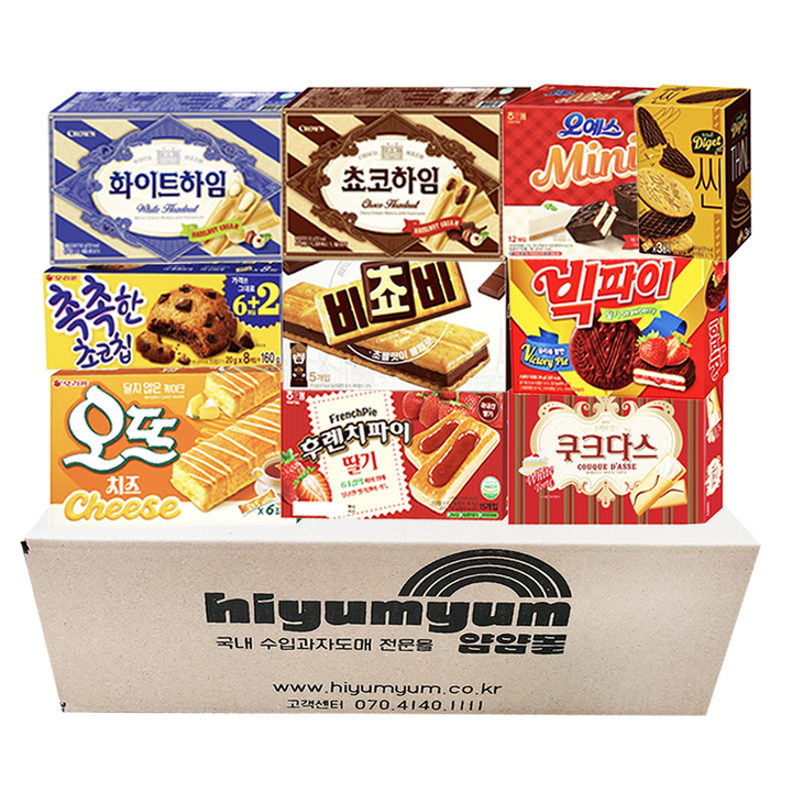 개별포장 탕비실간식 비스켓 크래커 모음 10종 (쵸코하임+화이트하임+후렌치파이딸기+오뜨치즈+촉촉한초코칩+쿠크다스+오예스미니+비쵸비+다이제씬+빅파이), 1개