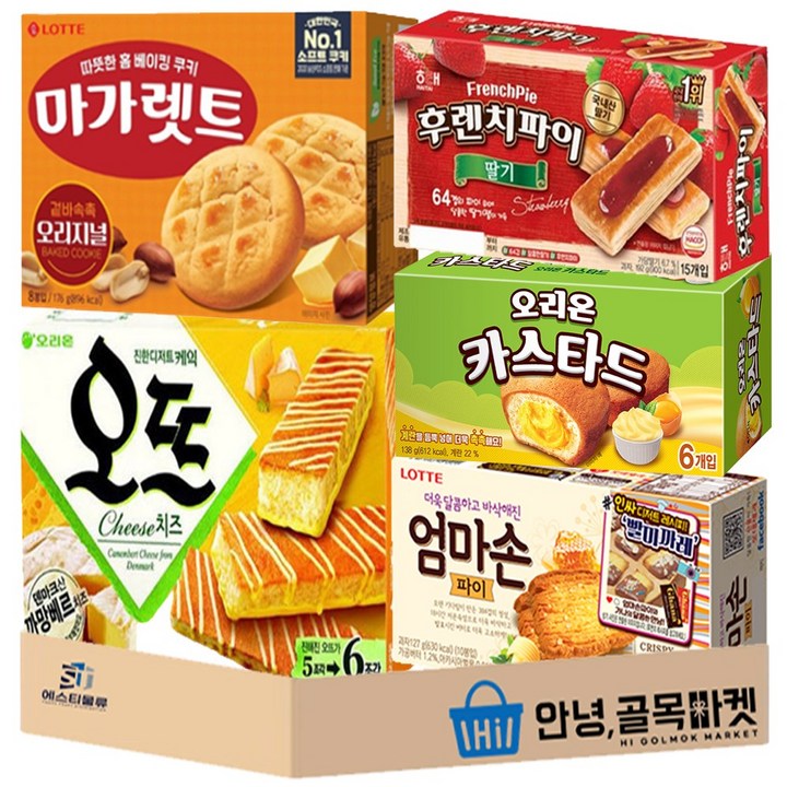 사무실 간식 인기과자 5종 파이 세트 카스타드 마가렛트 오뜨 치즈맛 후렌치파이 딸기맛 엄마손파이 탕비실 과자 5호, 1세트, 777g