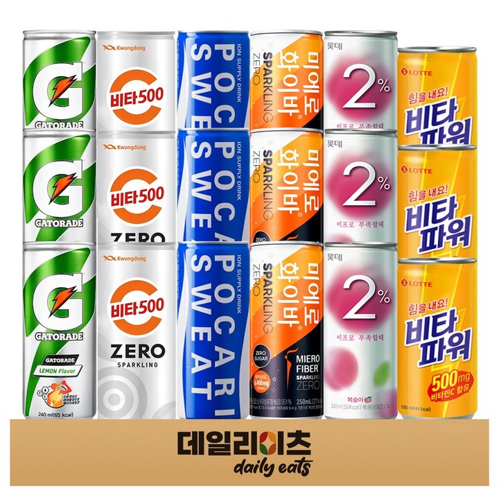 에너지 이온음료 캔 6종 18개 (이프로 포카리스웨트 게토레이레몬 게토레이제로 미에로화이바 스파클링제로 비타파워), 1박스, 240ml