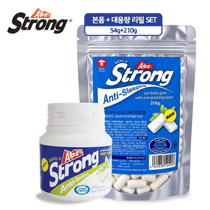알프스스트롱 무설탕 자일리톨 금연 졸음껌 본품54g+대용량 리필210g, 1개, 264g