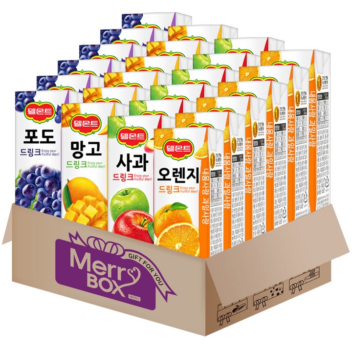 [메리박스]델몬트 팩주스 (오렌지+포도+망고+사과), 190ml, 1세트