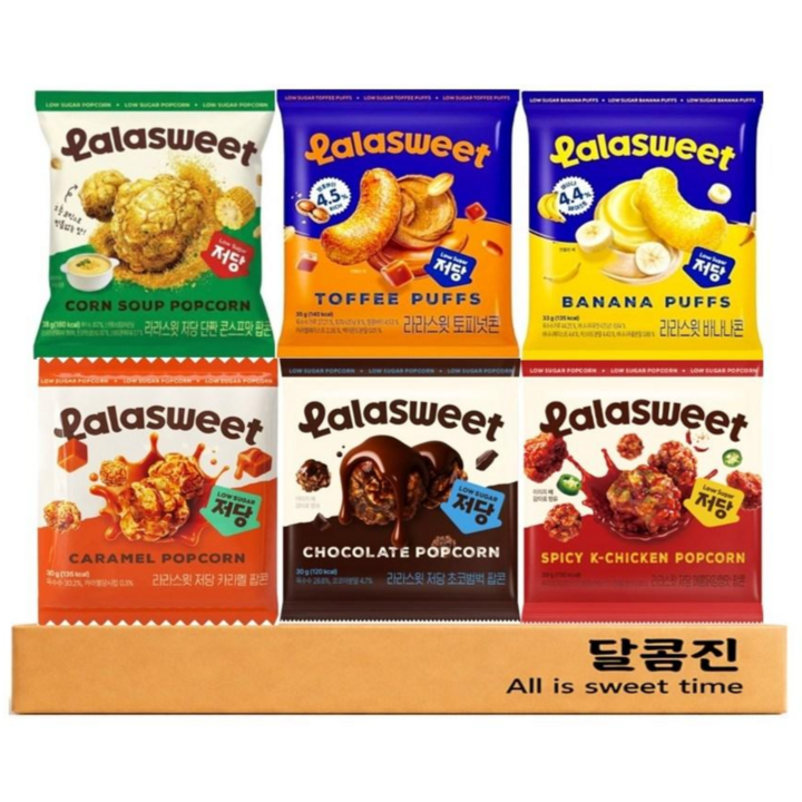 [달콤진] 라라스윗 저당 6종 카라멜 + 초코범벅 + 매콤닭강정맛 + 단짠 콘스프맛 팝콘 + 토피넛콘 + 바나나콘, 196g, 1세트
