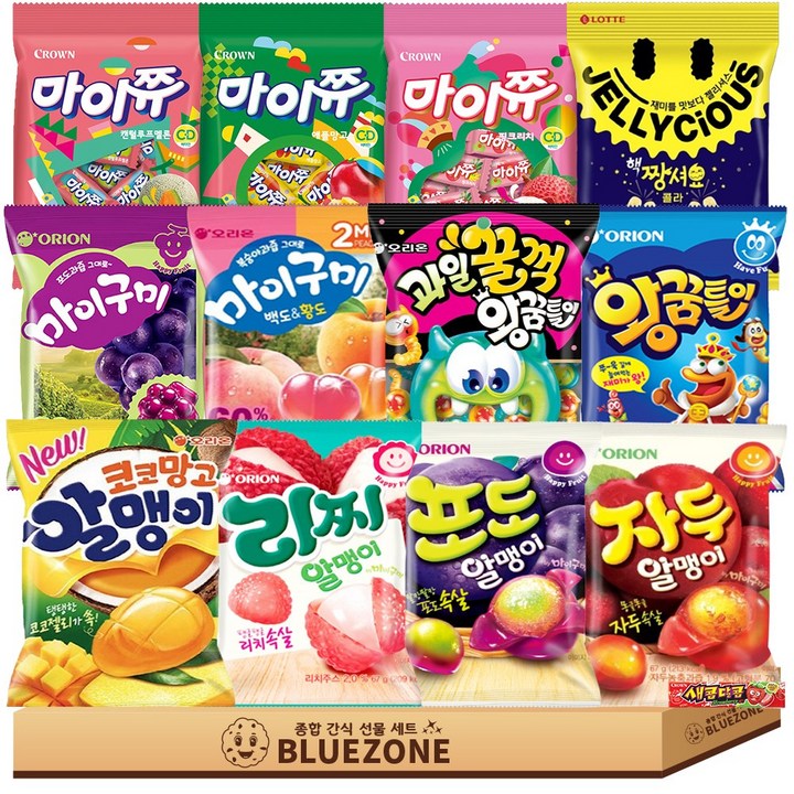 젤리 혼합 A세트 마이구미포도 마이구미백도황도 자두알맹이 포도알맹이 리찌알맹이 코코망고알맹이 왕꿈틀이 과일꿀꺽왕꿈틀이 핵짱셔요콜라 마이쮸 애플망고 핑크리치 캔털루프멜론 하스, 66g, 13개