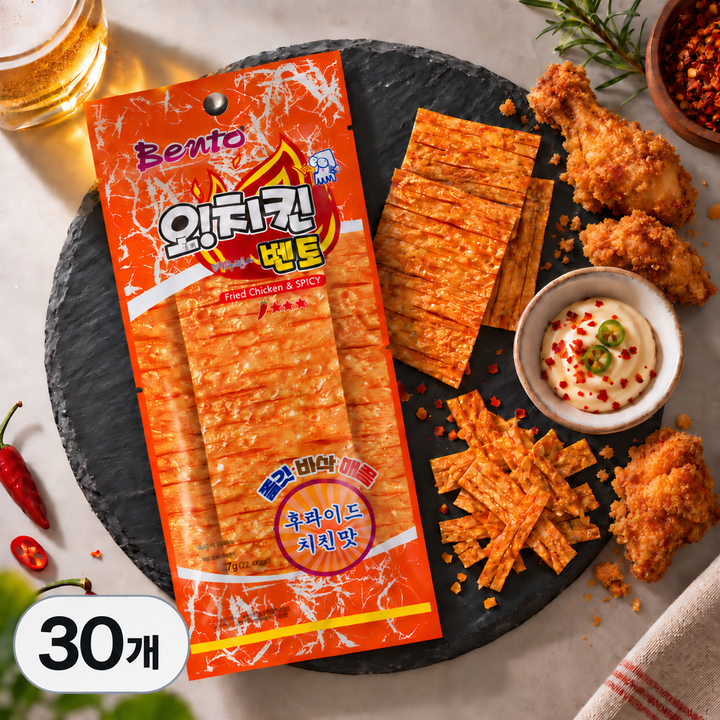 벤토 오치킨 후라이드 치킨맛 오징어와 치킨이 만났다. 맥주를 부르는 맛 맥주안주 마른안주 조미오징어 술안주 태국 1등 간식, 30개, 7g