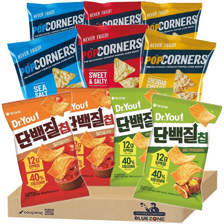 [블루존] 단백질스낵칩 10개입 팝코너스 28g(스윗앤솔트+씨솔트+체다치즈)+오리온 닥터유 단백질칩 60g(칠리살사맛+버터구이 오징어맛)X2, 10개, 28g