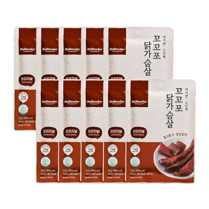 저칼로리 고단백 다이어트 간식 오리지널맛 닭가슴살 육포 델리텐더, 30g, 10개