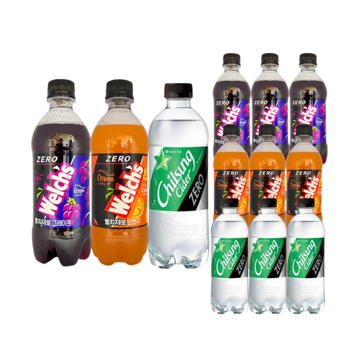 [안녕골목마켓]제로칼로리500ml 3종세트_제로사이다4개+웰치제로포도4개+웰치제로오렌지4개, 12개, 500ml