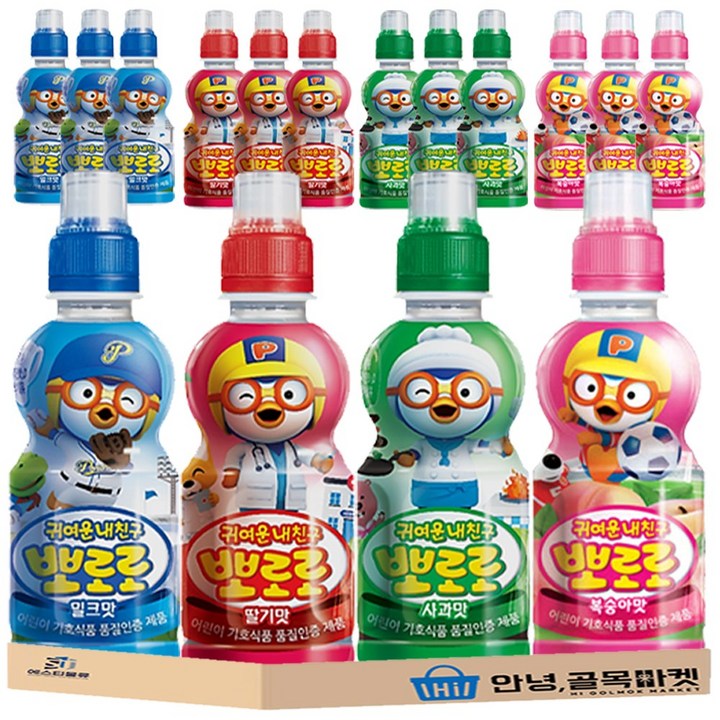 [안녕골목마켓] 팔도 뽀로로 어린이 음료 4종 16입 세트 ( 딸기맛 4 사과맛 4 밀크맛 4 복숭아맛 4 ) 인기 음료수 세트, 16개, 235ml