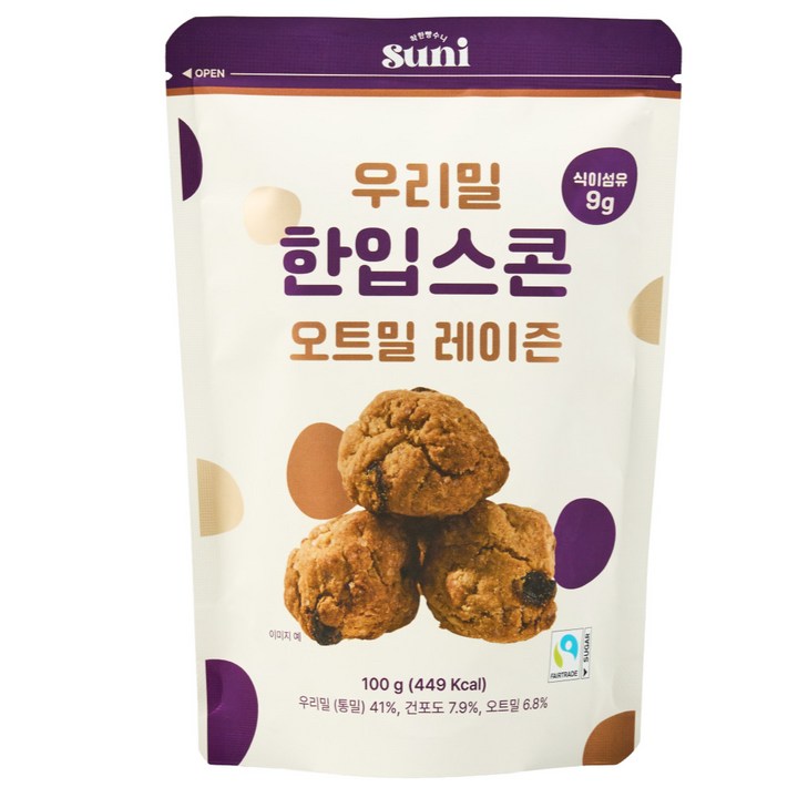 착한빵수니 우리밀 한입스콘 오트밀 레이즌 우리통밀 공정무역 비정제설탕 구움과자, 1개, 100g