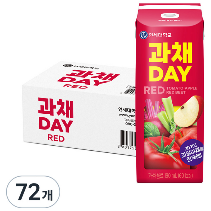 연세유업 과채데이 음료 레드, 190ml, 72개
