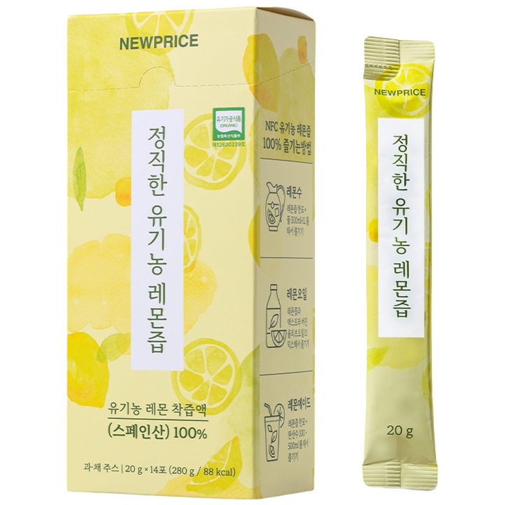 뉴프라이스 정직한 유기농 레몬즙, 280ml, 280g, 3개