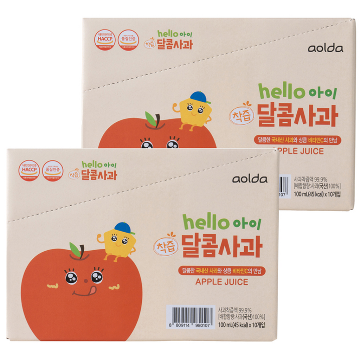 아올다 헬로아이 착즙 달콤사과, 사과맛, 100ml, 20개