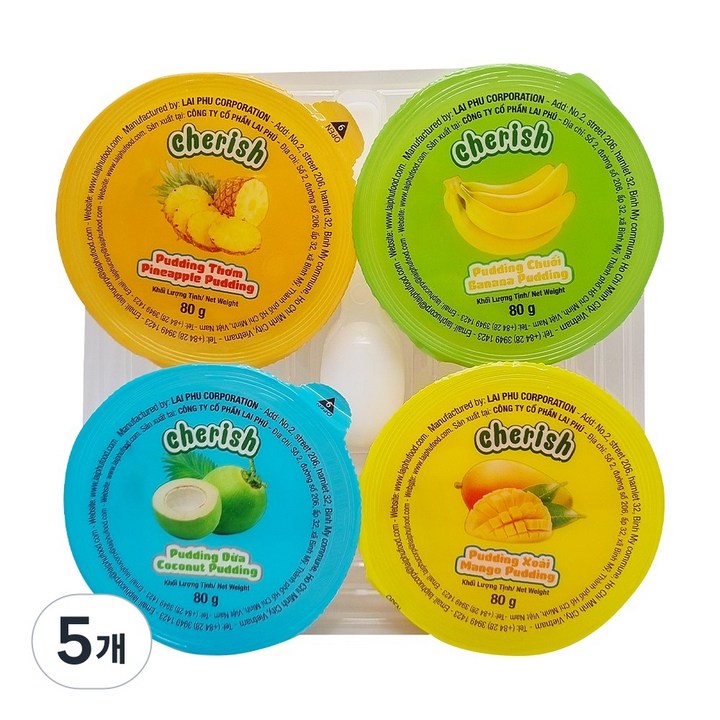 [국내배송] 체리쉬 믹스 푸딩 젤리 과일맛 ( 망고 바나나 파인애플 코코넛 ) 4종, 5개, 320g