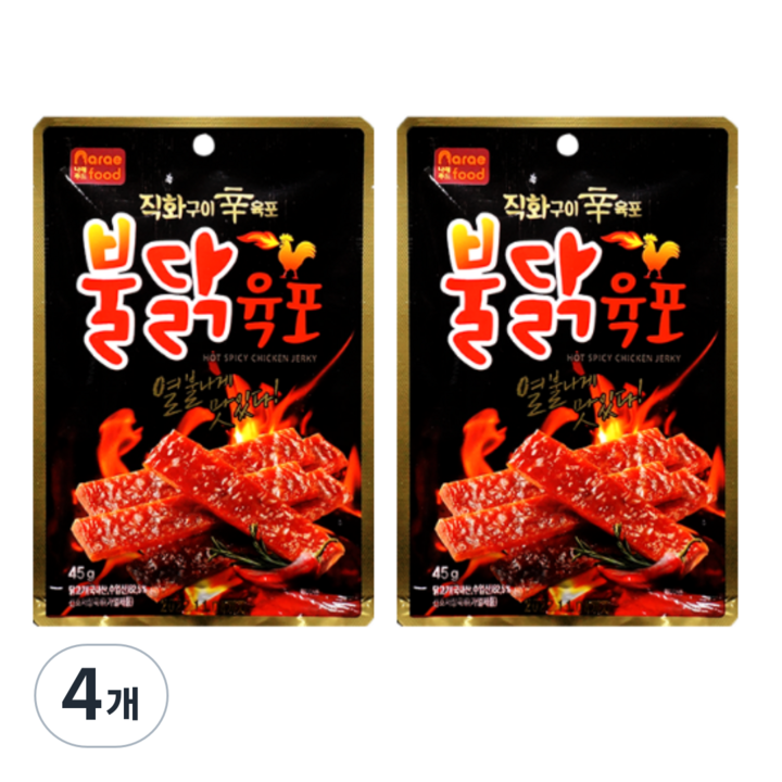[불닭육포] 부드러운 국산 육포 스틱형 개별포장 어른간식 고단백간식, 4개, 45g