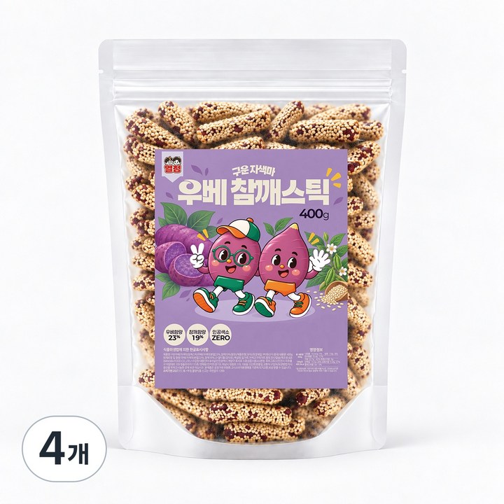 [열청] 달지않은 구운 우베 참깨 스틱 자색마 깨강정 과자, 4개, 400g