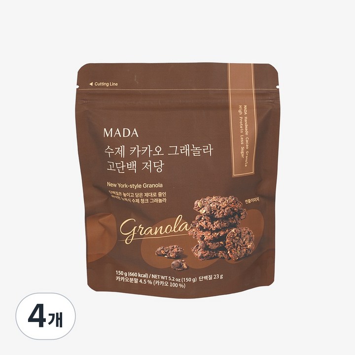 MADA 수제 카카오 그래놀라 고단백 저당, 4개, 150g