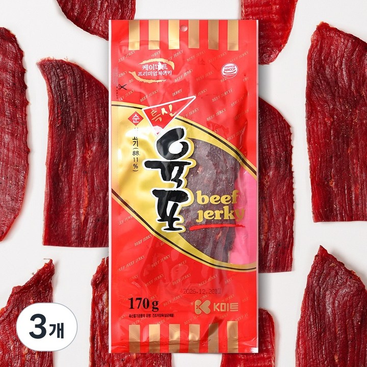케이미트 소고기 100% 진짜 특선육포, 170g, 3개