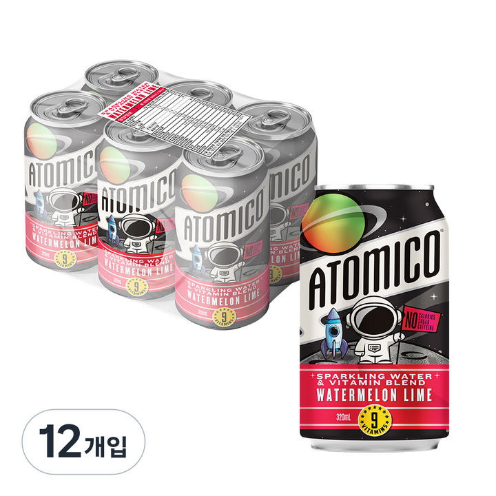 아토미코 제로 비타민 탄산수 스파클링 워터 워터멜론 라임, 12개입, 320ml