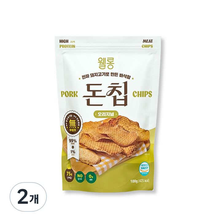 [웰롱 돈칩] 고단백 무첨가 돼지고기칩, 2개, 100g