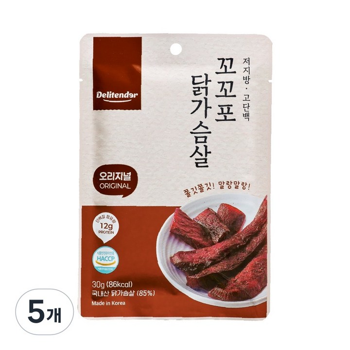 저칼로리 고단백 다이어트 간식 오리지널맛 닭가슴살 육포 델리텐더, 30g, 5개