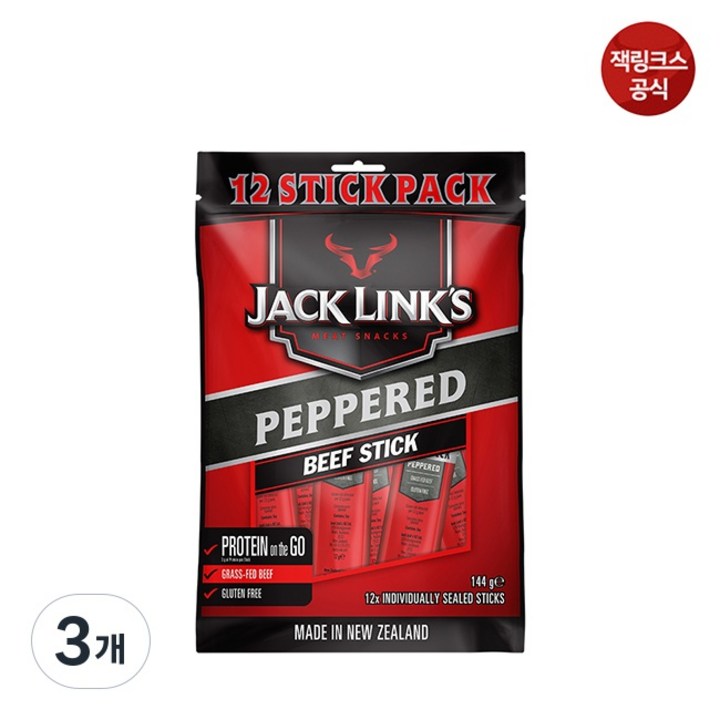 잭링크스 비프스틱 페퍼드 육포 144g, 3개