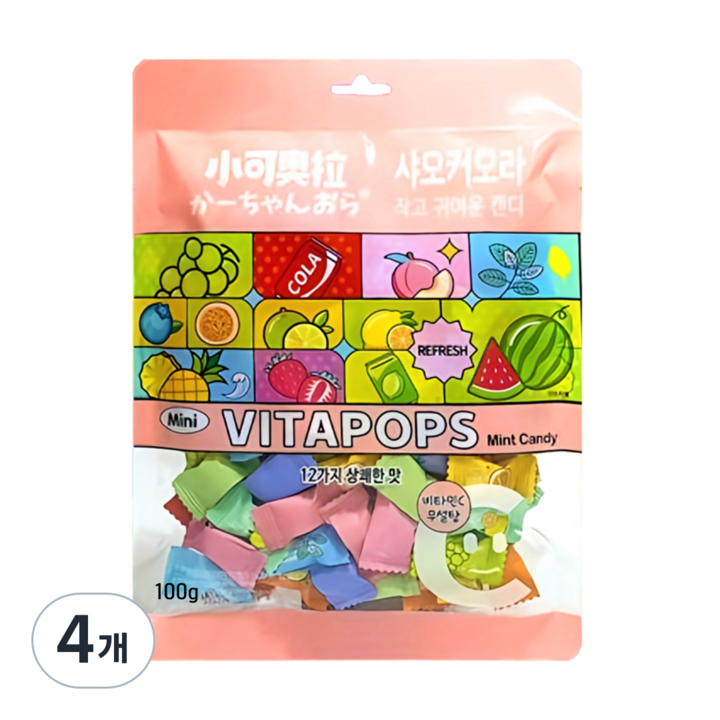 정품 샤오커오라 캔디 사탕 무설탕 알사탕 개별포장 비타민C, 100g, 4개