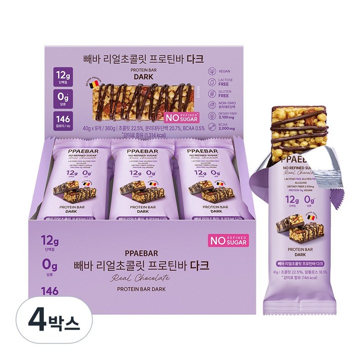 헬시플레이스 빼바 리얼초콜릿 프로틴바 다크 40g 9EA (1박스), 360g, 4박스