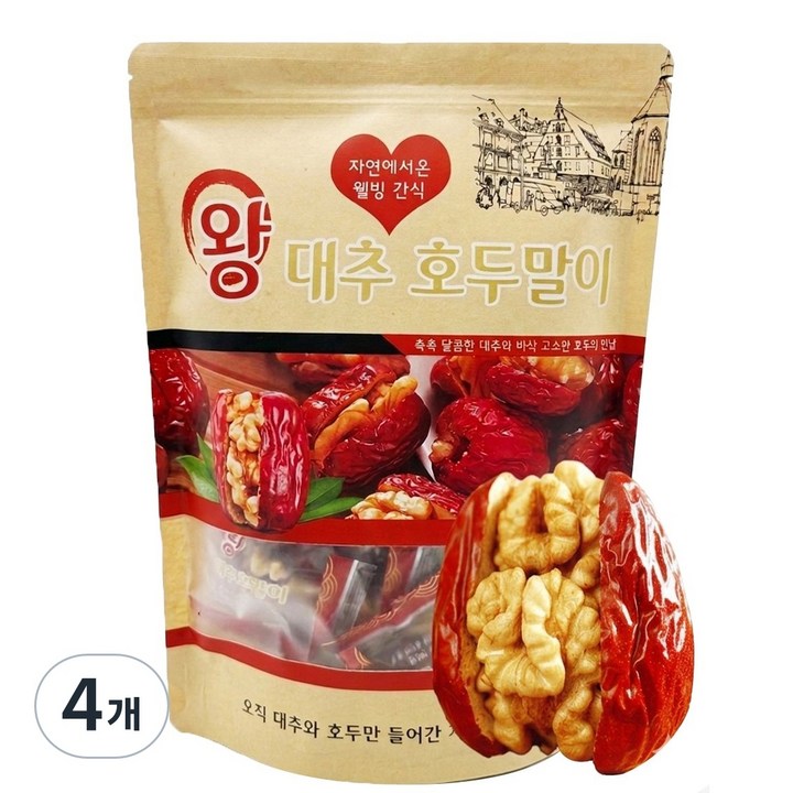 프리미엄 왕대추 호두말이 첨가물없는 자연그대로의 달콤함 건강간식 부모님 선물 중국간식 개별포장, 500g, 4개