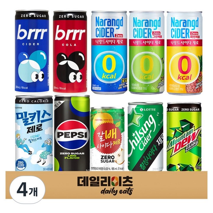 소캔 제로칼로리 탄산음료 10캔 (펩시제로 칠성사이다제로 마운틴듀 밀키스제로 나랑드제로3종 탐스제로파인 탐스제로사과 갈배사이다제로), 4개, 245ml